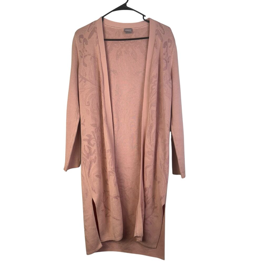 Chico's Women Cardigan Pink Tonal Jacquard Floral Longline Lightweight‎ Stretchy